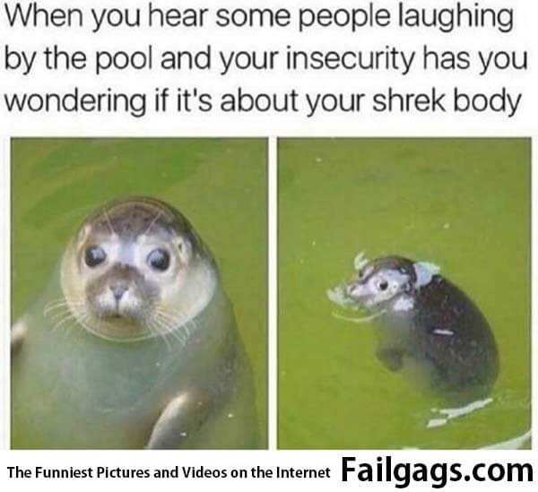 When You Hear Some People Laughing by the Pool and Your Insecurity Has You Wondering if It's About Your Shrek Body Meme