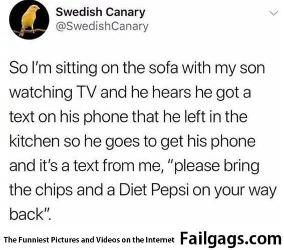 So I'm Sitting on the Sofa With My Son Watching Tv and He Hears He Got a Text on His Phone That He Left in the Kitchen So He Goes to Get His Phone and It's a Text From Me Please Bring the Chips and a Diet Pepsi on Your Way Back Meme