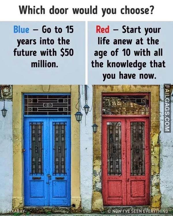 Which Door Would You Choose? Blue Go To 15 Years Into The Future With $50 Million Red Start You Life Anew At The Age Of 10 With All The Knowledge That You Have Now Meme