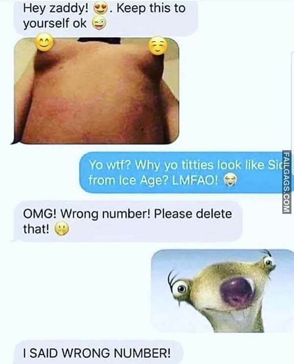 Hey Zaddy! Keep This To Yourself 0K Yo Wtf? Why Yo Titties Look Like Sid From Ice Age? Lmfao! Omg! Wrong Number! Please Delete That! I Said Wrong Number! Meme