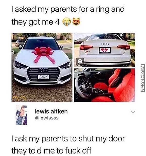 I Asked My Parents For A Ring And They Got Me 4 I Ask My Parents To Shut My Door They Told Me To Fuck Off Meme