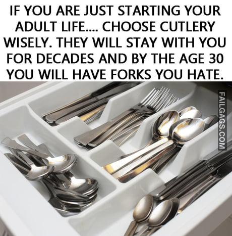 If You Are Just Starting Your Adult Life.... Choose Cutlery Wisely. They Will Stay With You for Decades and by the Age 30 You Will Have Forks You Hate Memes