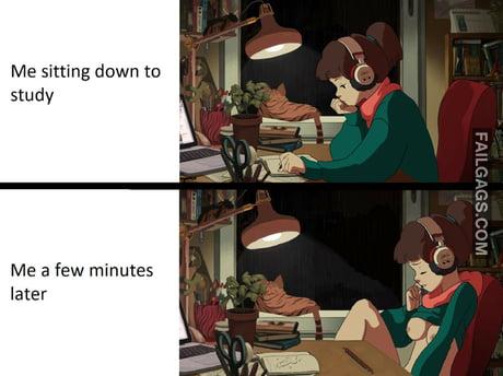 Me Sitting Down to Study Me a Few Minutes Later Meme