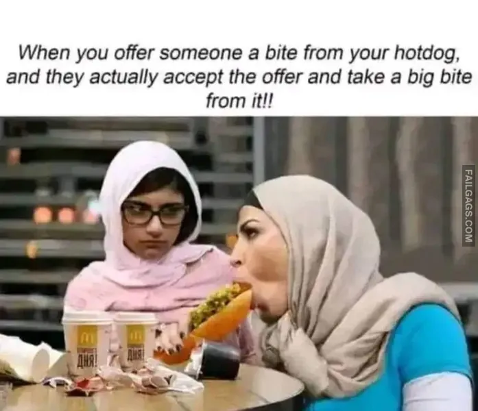 When You Offer Someone a Bite From Your Hotdog and They Actually Accept the Offer and Take a Big Bite From It NSFW Memes